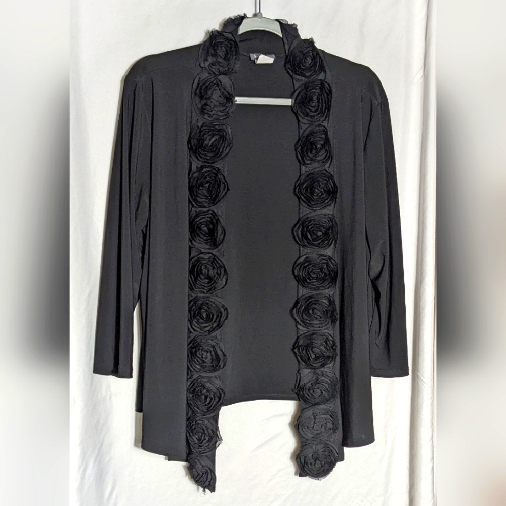 MSK Women's Black‎ Open Cardigan Jacket Feminine Mesh Rose Detail Sz XL